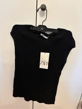 ZARA Black Ribbed Cap-Sleeve Top size S new w tags